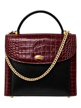 Bally Vintage Leather Satchel Croc Embossed Top Handle Bag Black Brown